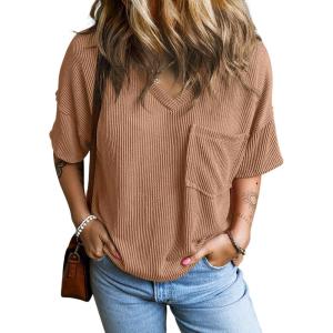 imageEVALESS Womens Summer Tops Oversized T Shirts Short Sleeve Blouses for Women Dressy Casual Work OutfitsBeige
