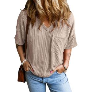 imageEVALESS Womens Summer Tops Oversized T Shirts Short Sleeve Blouses for Women Dressy Casual Work OutfitsKhaki