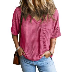 imageEVALESS Womens Summer Tops Oversized T Shirts Short Sleeve Blouses for Women Dressy Casual Work OutfitsRose Red