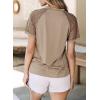 imageEVALESS Womens Fashion Tops Crewneck Sexy Patchwork Lace Short Sleeve Tee Shirts Casual Knitted BlousesC Khaki