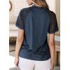 imageEVALESS Womens Fashion Tops Crewneck Sexy Patchwork Lace Short Sleeve Tee Shirts Casual Knitted BlousesC Navy Blue