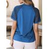 imageEVALESS Womens Fashion Tops Crewneck Sexy Patchwork Lace Short Sleeve Tee Shirts Casual Knitted BlousesE Blue