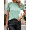 imageEVALESS Womens Fashion Tops Crewneck Sexy Patchwork Lace Short Sleeve Tee Shirts Casual Knitted BlousesE Green