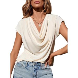 imageEVALESS Shirts for Women Fashion 2025 Cowl Neck Tops for Women Dressy Casual Short Sleeve Clothes Summer OutfitsApricot