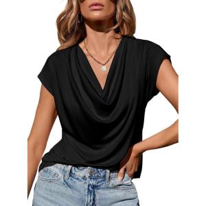 imageEVALESS Shirts for Women Fashion 2025 Cowl Neck Tops for Women Dressy Casual Short Sleeve Clothes Summer OutfitsBlack