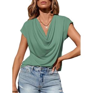 imageEVALESS Shirts for Women Fashion 2025 Cowl Neck Tops for Women Dressy Casual Short Sleeve Clothes Summer OutfitsGrass Green