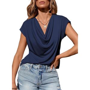 imageEVALESS Shirts for Women Fashion 2025 Cowl Neck Tops for Women Dressy Casual Short Sleeve Clothes Summer OutfitsNavy Blue
