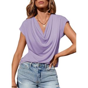imageEVALESS Shirts for Women Fashion 2025 Cowl Neck Tops for Women Dressy Casual Short Sleeve Clothes Summer OutfitsOrchid Petal