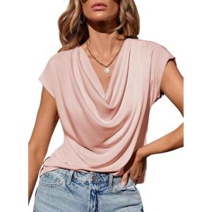 imageEVALESS Shirts for Women Fashion 2025 Cowl Neck Tops for Women Dressy Casual Short Sleeve Clothes Summer OutfitsPink