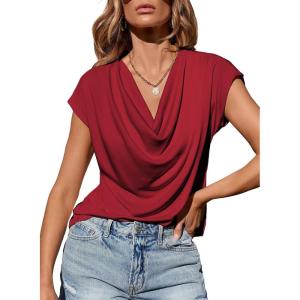 imageEVALESS Shirts for Women Fashion 2025 Cowl Neck Tops for Women Dressy Casual Short Sleeve Clothes Summer OutfitsRed