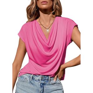 imageEVALESS Shirts for Women Fashion 2025 Cowl Neck Tops for Women Dressy Casual Short Sleeve Clothes Summer OutfitsRose Red