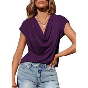 imageEVALESS Shirts for Women Fashion 2025 Cowl Neck Tops for Women Dressy Casual Short Sleeve Clothes Summer OutfitsTillandsia Purple