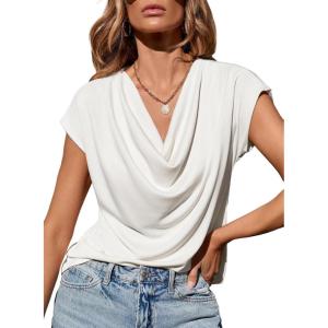 imageEVALESS Shirts for Women Fashion 2025 Cowl Neck Tops for Women Dressy Casual Short Sleeve Clothes Summer OutfitsWhite