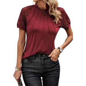 imageEVALESS Womens Fashion Tops Crewneck Sexy Patchwork Lace Short Sleeve Tee Shirts Casual Knitted BlousesE Red