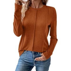 imageEVALESS Womens Long Sleeve Shirts Tops Trendy Dressy Casual Pleated Crewneck Knit Solid Loose Blouses OutfitsOrange