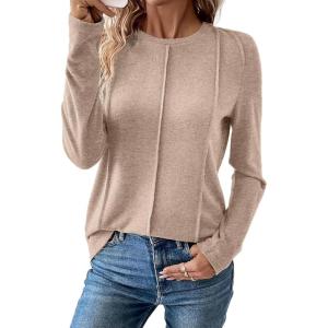 imageEVALESS Womens Long Sleeve Shirts Tops Trendy Dressy Casual Pleated Crewneck Knit Solid Loose Blouses OutfitsParchment