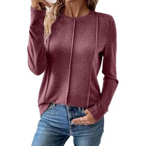 imageEVALESS Womens Long Sleeve Shirts Tops Trendy Dressy Casual Pleated Crewneck Knit Solid Loose Blouses OutfitsRed Dahlia