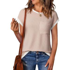 imageEVALESS Womens Short Sleeve T Shirts Crewneck Color Block Ribbed Knit Tee Blouses 2025 Trendy Summer TopsA Light Khaki
