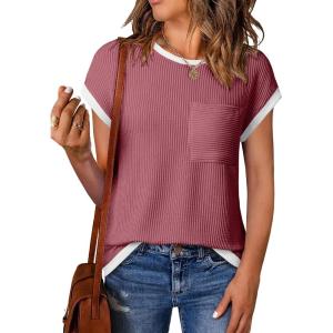 imageEVALESS Womens Short Sleeve T Shirts Crewneck Color Block Ribbed Knit Tee Blouses 2025 Trendy Summer TopsB Mineral Red