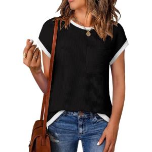 imageEVALESS Womens Short Sleeve T Shirts Crewneck Color Block Ribbed Knit Tee Blouses 2025 Trendy Summer TopsBlack