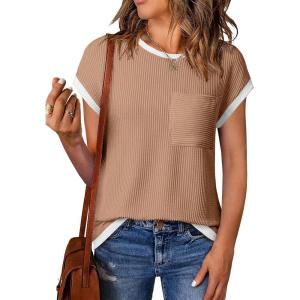 imageEVALESS Womens Short Sleeve T Shirts Crewneck Color Block Ribbed Knit Tee Blouses 2025 Trendy Summer TopsSmoke Gray