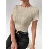 imageEVALESS Womens Short Sleeve Textured Tops Summer Casual Crewneck Solid Slim Fitted Basic T Shirts Tee BlousesB Apricot