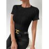 imageEVALESS Womens Short Sleeve Textured Tops Summer Casual Crewneck Solid Slim Fitted Basic T Shirts Tee BlousesB Black