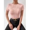 imageEVALESS Womens Short Sleeve Textured Tops Summer Casual Crewneck Solid Slim Fitted Basic T Shirts Tee BlousesB Pink