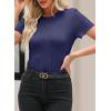 imageEVALESS Womens Short Sleeve Textured Tops Summer Casual Crewneck Solid Slim Fitted Basic T Shirts Tee BlousesC Navy Blue