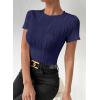imageEVALESS Womens Short Sleeve Textured Tops Summer Casual Crewneck Solid Slim Fitted Basic T Shirts Tee BlousesC Navy Blue