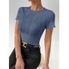imageEVALESS Womens Short Sleeve Textured Tops Summer Casual Crewneck Solid Slim Fitted Basic T Shirts Tee BlousesE Blue