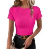 imageEVALESS Womens Short Sleeve Textured Tops Summer Casual Crewneck Solid Slim Fitted Basic T Shirts Tee BlousesE Rose Red