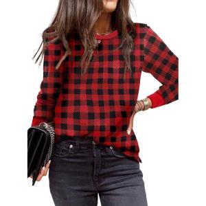 imageEVALESS Womens Crewneck Long Sleeve Tops Casual Polka Dots Tops Spring Summer 2025 Tshirts ShirtsD Plaid Red