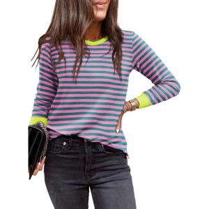 imageEVALESS Womens Crewneck Long Sleeve Tops Casual Polka Dots Tops Spring Summer 2025 Tshirts ShirtsI Pink Stripe
