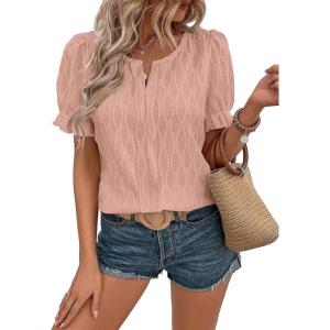 imageEVALESS Womens Fashion Tops Cute Puff Sleeve Blouses for Women Dressy Casual Spring Summer Clothes Outfits for 2025Light Pink