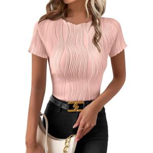 imageEVALESS Womens Short Sleeve Textured Tops Summer Casual Crewneck Solid Slim Fitted Basic T Shirts Tee BlousesB Pink