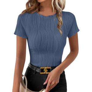 imageEVALESS Womens Short Sleeve Textured Tops Summer Casual Crewneck Solid Slim Fitted Basic T Shirts Tee BlousesE Blue