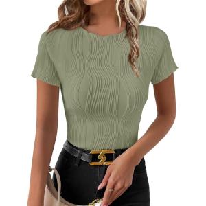 imageEVALESS Womens Short Sleeve Textured Tops Summer Casual Crewneck Solid Slim Fitted Basic T Shirts Tee BlousesE Light Green