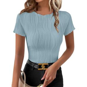 imageEVALESS Womens Short Sleeve Textured Tops Summer Casual Crewneck Solid Slim Fitted Basic T Shirts Tee BlousesE Mist Blue