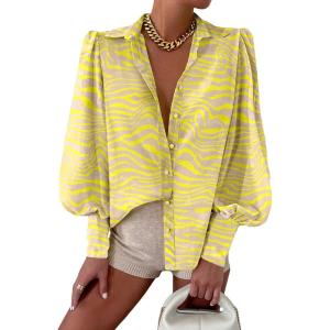 imageEVALESS Womens Tops Button Down Shirts Print Long Sleeve Blouses for Women Fashion 2025A B Yellow