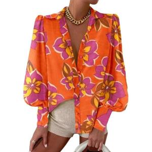 imageEVALESS Womens Tops Button Down Shirts Print Long Sleeve Blouses for Women Fashion 2025A Orange