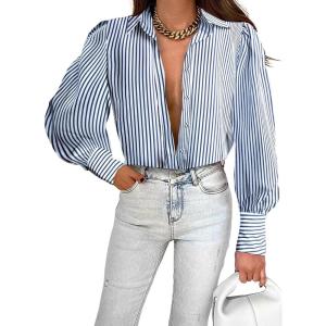 imageEVALESS Womens Tops Button Down Shirts Print Long Sleeve Blouses for Women Fashion 2025Blue Stripe