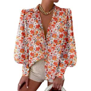 imageEVALESS Womens Tops Button Down Shirts Print Long Sleeve Blouses for Women Fashion 2025Floral Orange
