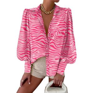 imageEVALESS Womens Tops Button Down Shirts Print Long Sleeve Blouses for Women Fashion 2025Pink