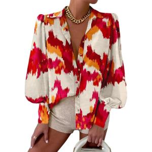 imageEVALESS Womens Tops Button Down Shirts Print Long Sleeve Blouses for Women Fashion 2025Red