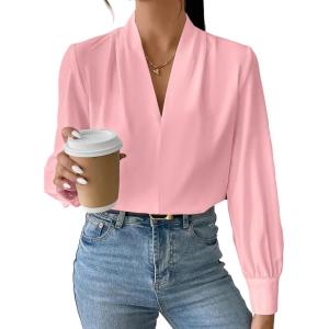 imageEVALESS Womens Tops Trendy 2025 Long Sleeve Shirts Blouses Dressy Casual Spring Summer Business OutfitsB Pink