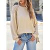imageEVALESS Womens Long Sleeve Tops Dressy Casual Crewneck Waffle Lace Patchwork Knit T Shirts Trendy Loose BlousesF Beige