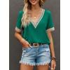 imageEVALESS Womens Short Sleeve Sexy Summer Tops Lace Trim V Neck Blouses for Women Fashion Tops Dressy Casual ShirtsB Green
