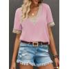 imageEVALESS Womens Short Sleeve Sexy Summer Tops Lace Trim V Neck Blouses for Women Fashion Tops Dressy Casual ShirtsB Pink