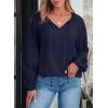 imageEVALESS Womens Tops Dressy Casual V Neck Long Sleeve Hollow Out Embroidered Blouses Shirts Spring Summer Outfits 2025Navy Blue